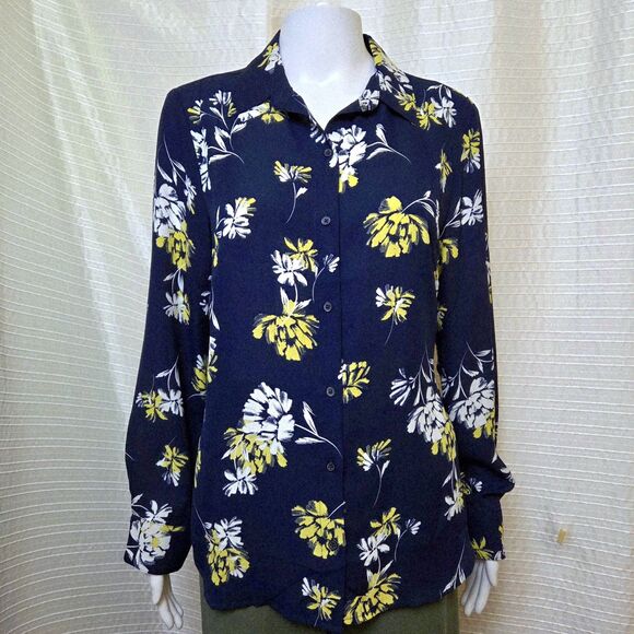 Banana Republic Floral Chiffon Shirt Women's M Navy Yellow White - Picture 2 of 10